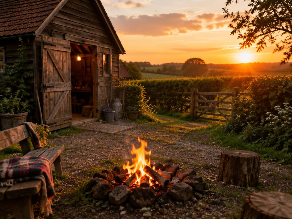 Timber barn with an outdoor fire